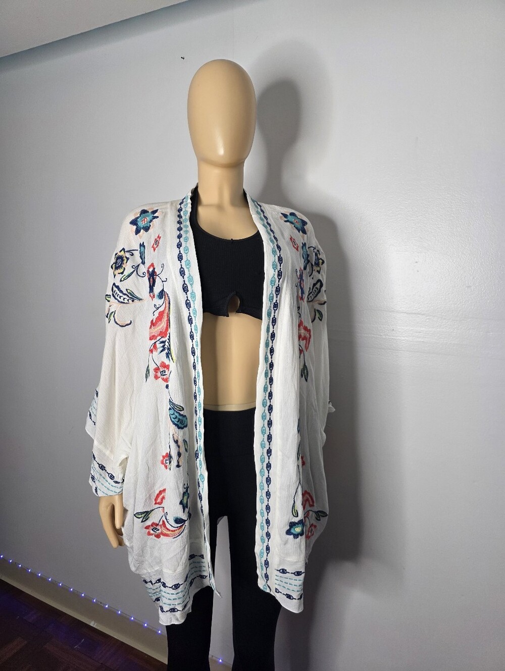 Curation Women's Floral Embroidered Open Front Caftan White and Blue Size M/L